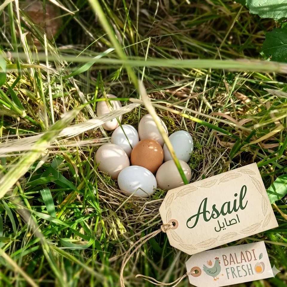 Pasture-raised baladi eggs nestled naturally among wild plants on open pasture land in Jordan - 1