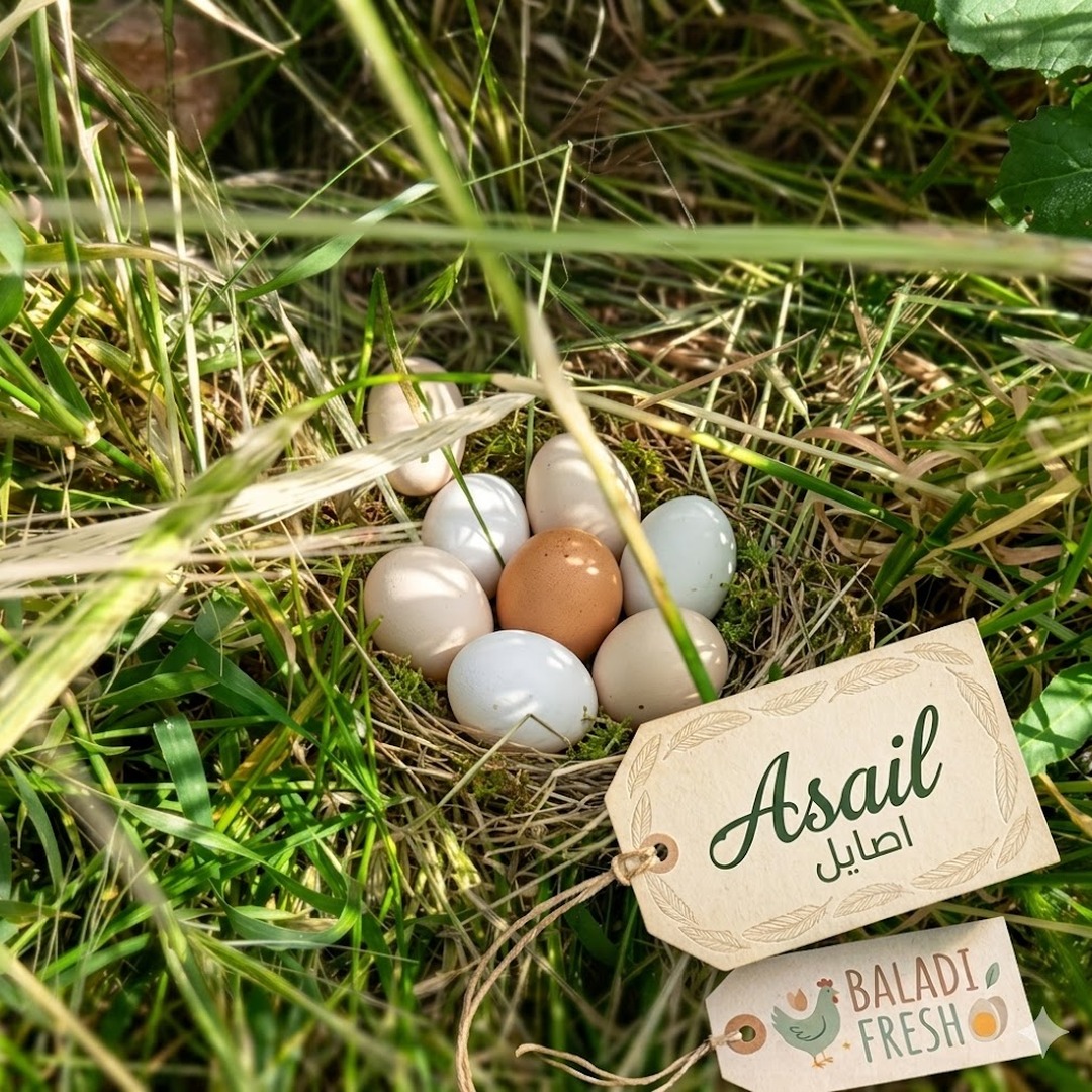 Pasture-raised baladi eggs nestled naturally among wild plants on open pasture land in Jordan - 1